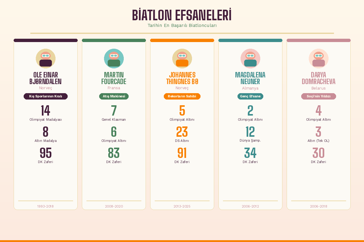 Biatlon efsaneleri infografiği, Ole Einar Bjørndalen, Martin Fourcade, Johannes Thingnes Bø, Magdalena Neuner ve Darya Domracheva kariyer istatistikleri ve olimpiyat madalya sayıları