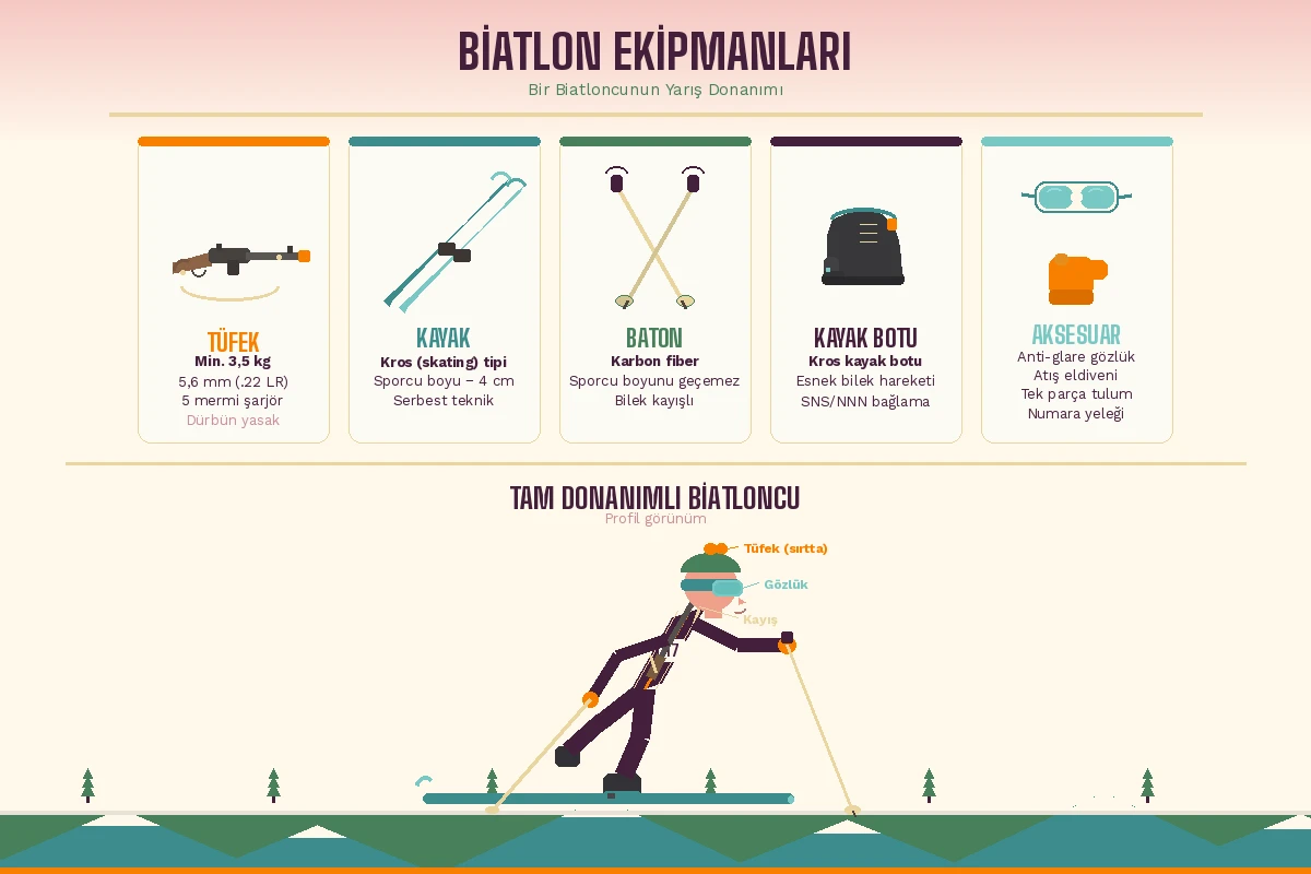 Biatlon ekipmanları infografiği, tüfek, kros kayağı, baton, kayak botu ve aksesuar kartları ile profilden tam donanımlı biatloncu illüstrasyonu
